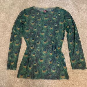 peacock print long sleeve mesh top